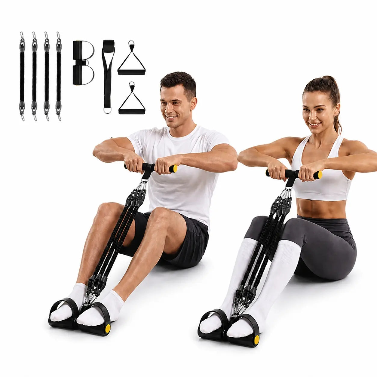 AddWin L10 Foot Pedal Resistance Bands Set – 4-Tube Adjustable, Portable Full-Body Workout Kit